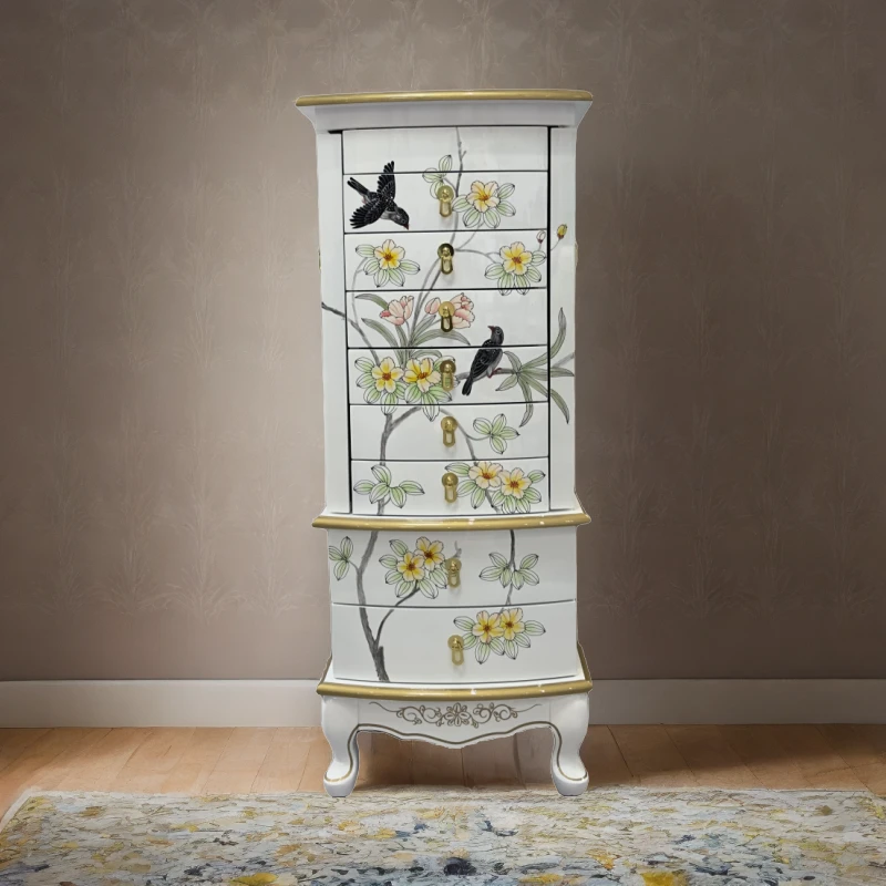 新中式彩绘珠宝柜实木梳妆台首饰床尾边七斗柜抽屉储物收纳复古