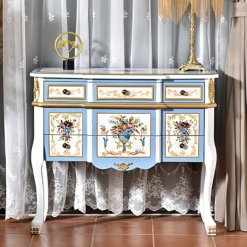 法式玄关柜实木隔断入户客厅三斗边柜手绘小户型装饰法式储物