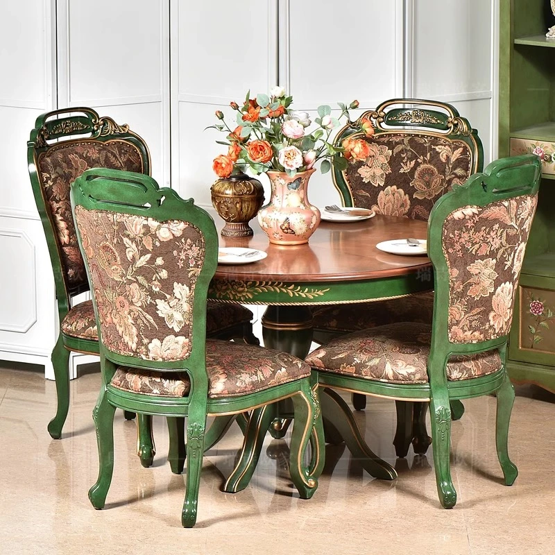 美式家用客厅简约全实木餐桌椅桦木双面雕花椅子靠背祖母绿休闲椅