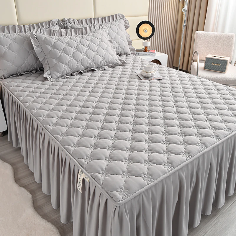 新款加厚夹棉床裙单件床罩防滑床笠罩裙罩床四季通用防尘罩公主风