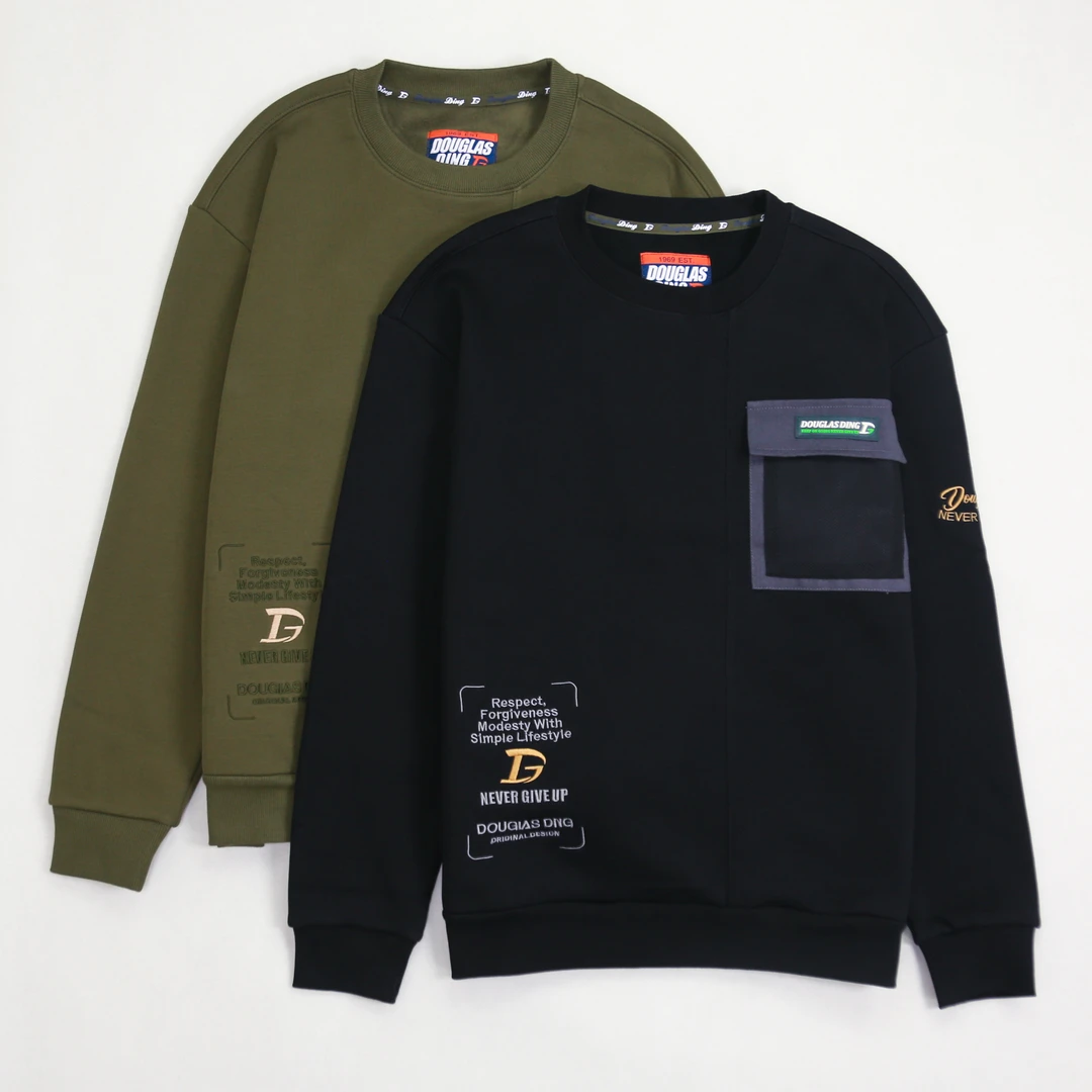 【道格拉斯】军绿黑色螺纹布复合奥粒绒加厚套头圆领长袖卫衣DD315