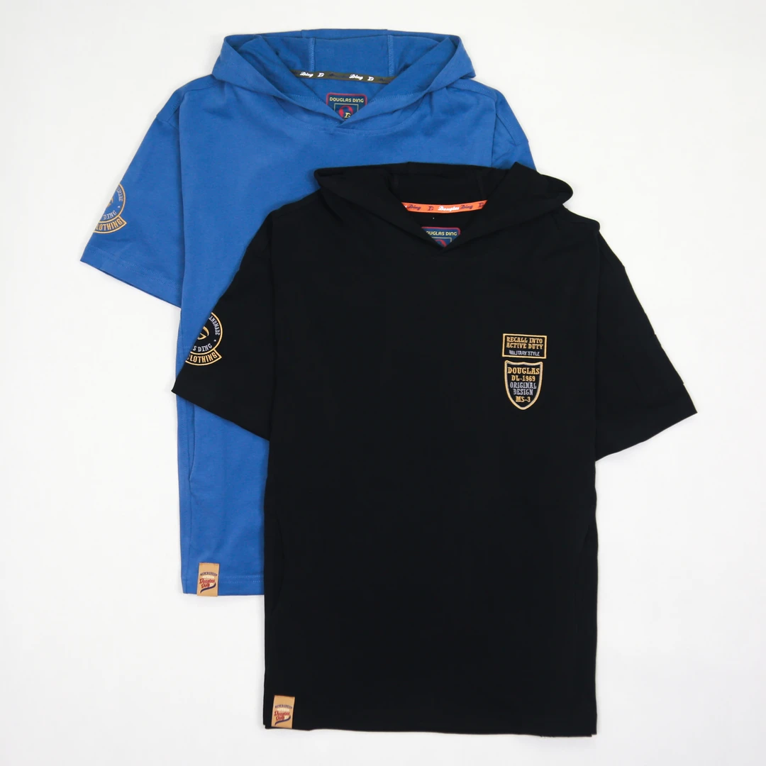 【道格拉斯】黑蓝色精梳棉刷毛两个隐形口袋休闲带帽短袖帽衫DD276