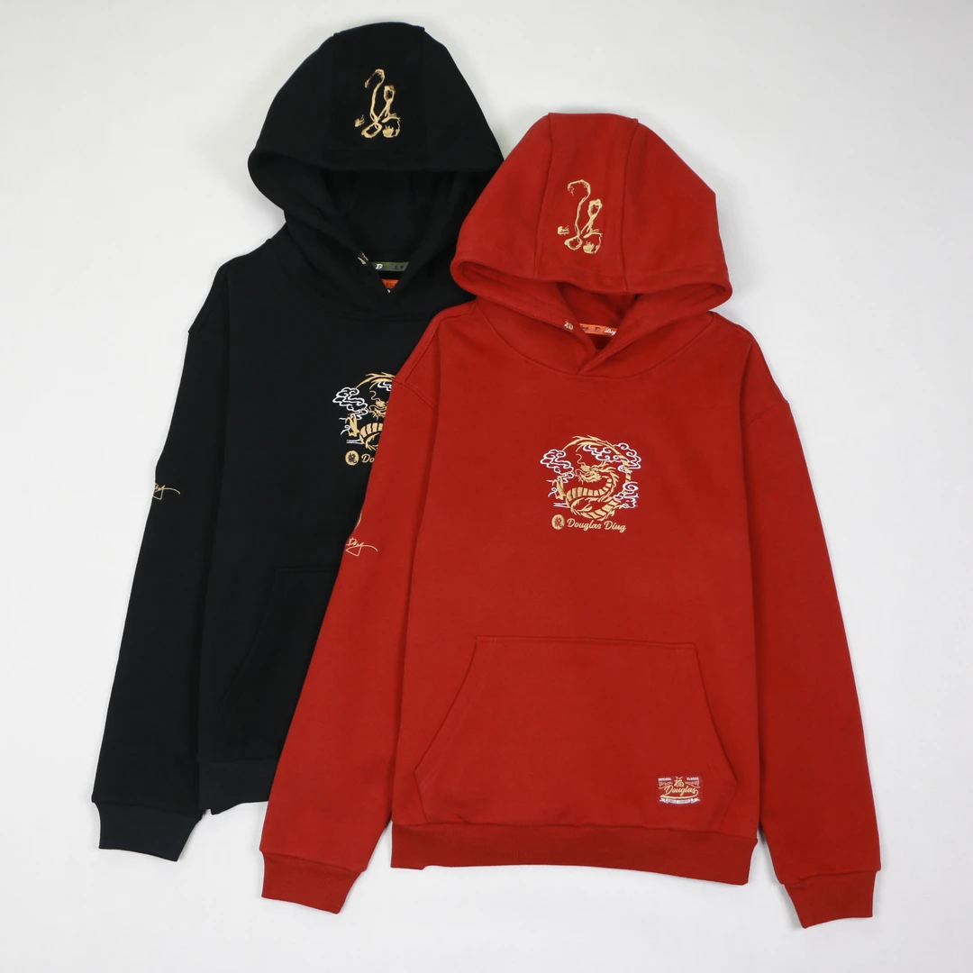【道格拉斯】黑/红色龙年生肖款加厚精梳棉男秋冬休闲连帽卫衣DD257