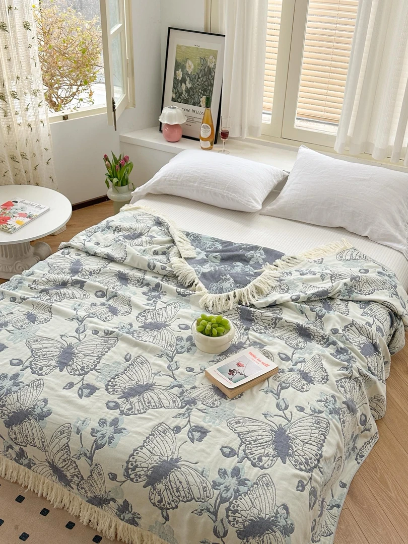 【青花瓷蝴蝶】板蓝根植物蓝染工艺多功能毯沙发巾床盖双面柔软