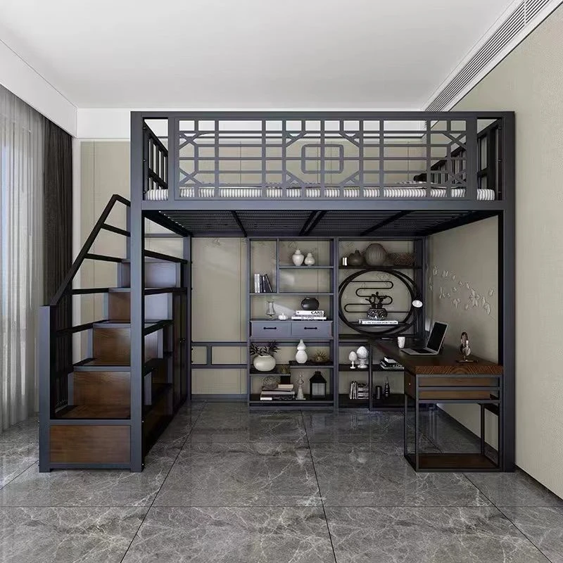 精选新中式阁楼式床高架床单上层小户型儿童床公寓铁架床省空间铁