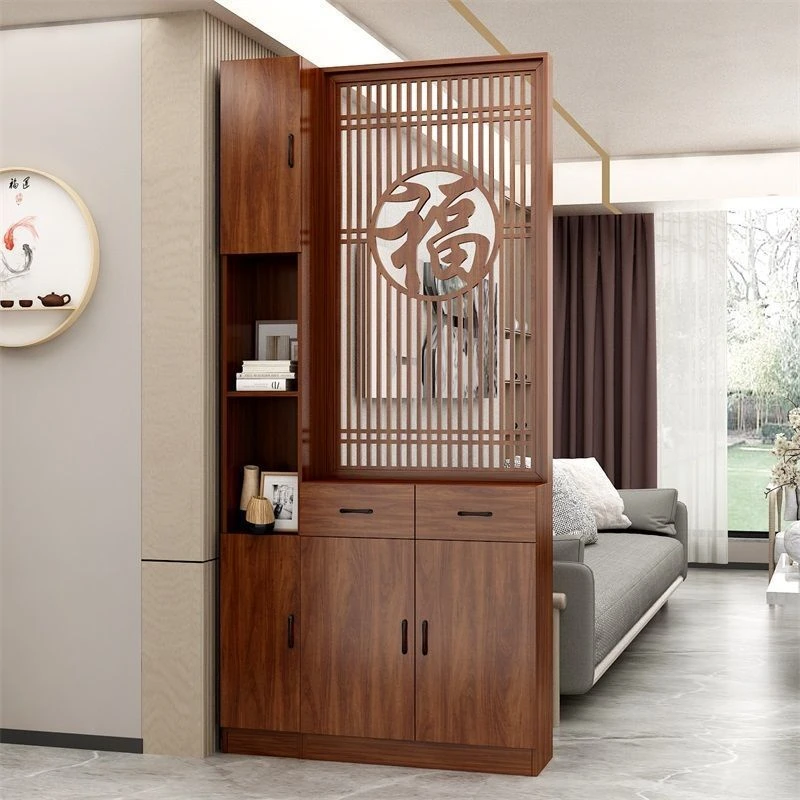 （严选）进门玄关隔断柜正对大门新中式福字屏风实木间厅柜鞋柜一体