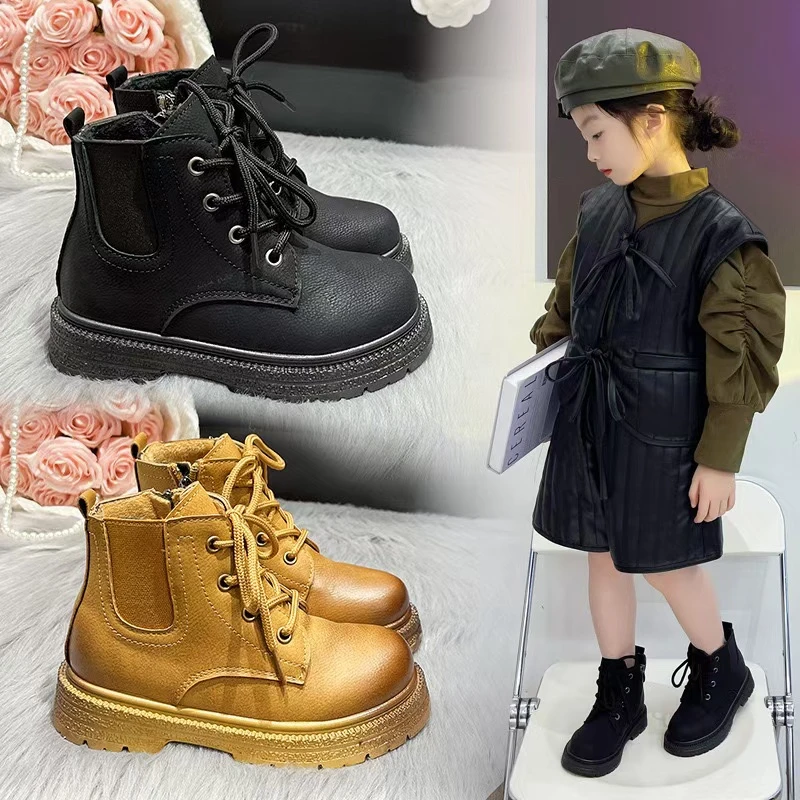 秋冬季加绒儿童马丁靴女童二棉短靴英伦皮靴男童宝宝保暖棉鞋