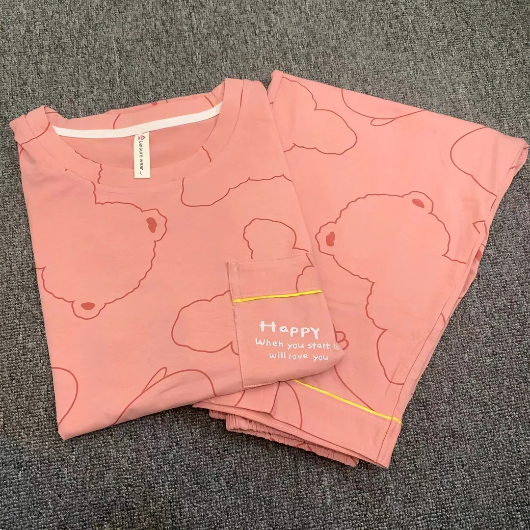 稳稳家短袖七分裤紧密爽棉纯棉粉色可爱线条熊睡衣女士家居服