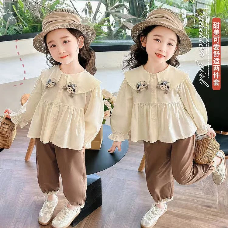 女童春装森系套装2025新款小女孩韩版休闲娃娃领两件女宝宝春秋款