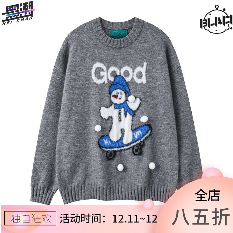 日系甜美卡通圣诞红氛围感雪人毛衣男女2023秋冬新款小众宽松上衣