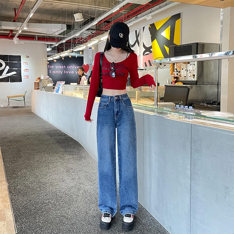 复古高腰做旧直筒牛仔裤女2024年秋冬新款宽松百搭时尚显瘦拖地裤