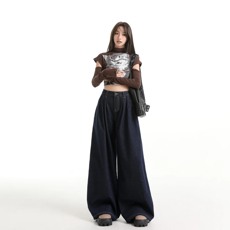 韩版高腰褶皱柔软大阔腿牛仔裤女2024年秋季新款垂感筒染拖地长裤