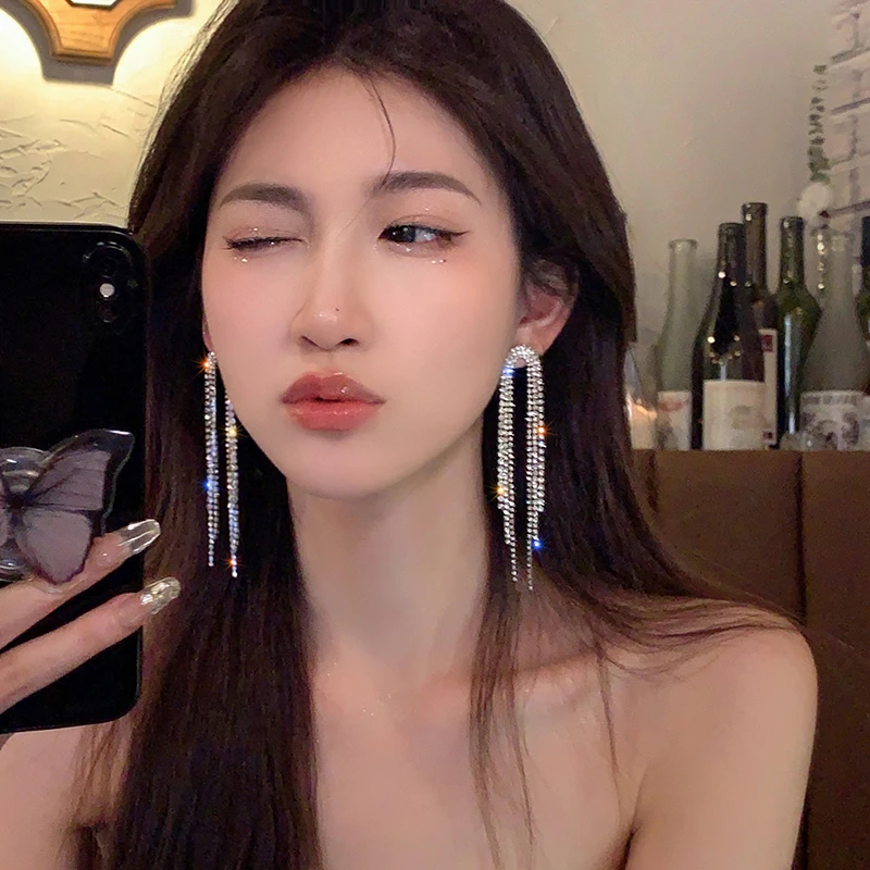 合金耳饰 璨光耀眼~长款流苏满钻耳环女高级感小众2023新款潮轻奢