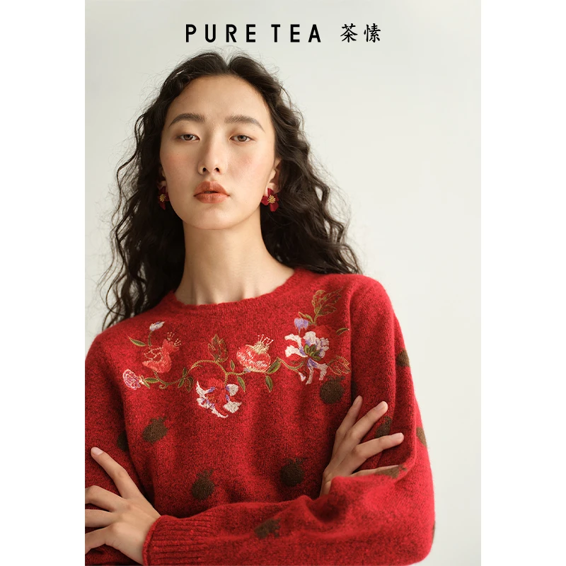 puretea茶愫绵羊毛针织套头毛衣女红色绣花2024冬新KK0102C41
