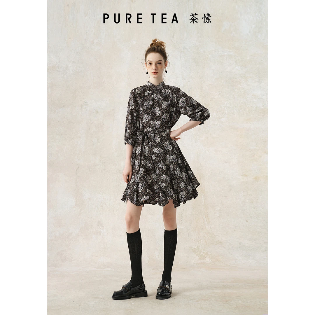 【黯夜玫瑰】puretea茶愫铜氨混纺印花连衣裙系带2024秋 KD0803C31