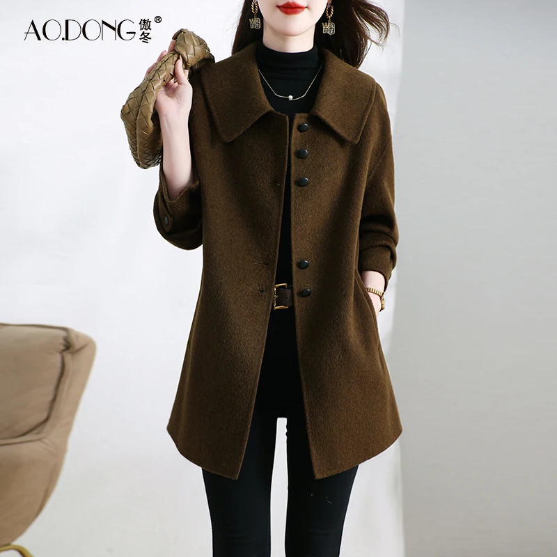 新款高端双面绒大衣女中长款娃娃领韩版毛呢小个子妈妈外套秋冬