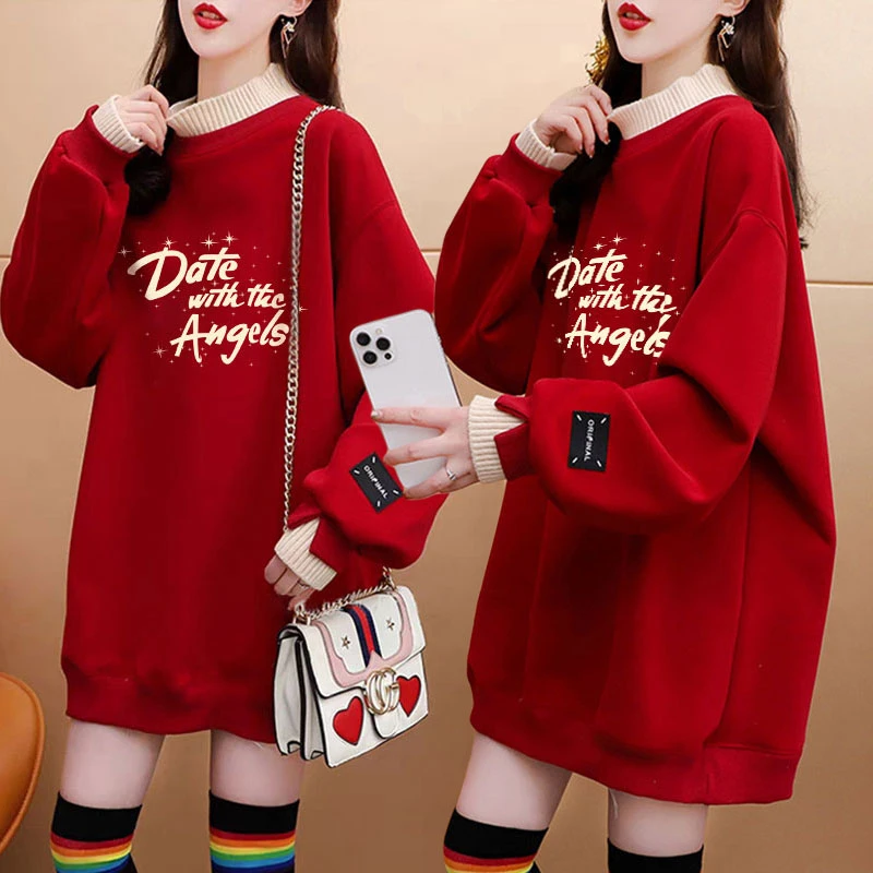 半高领拼接假两件卫衣女秋冬季加绒加厚宽松百搭红色本命年上衣服