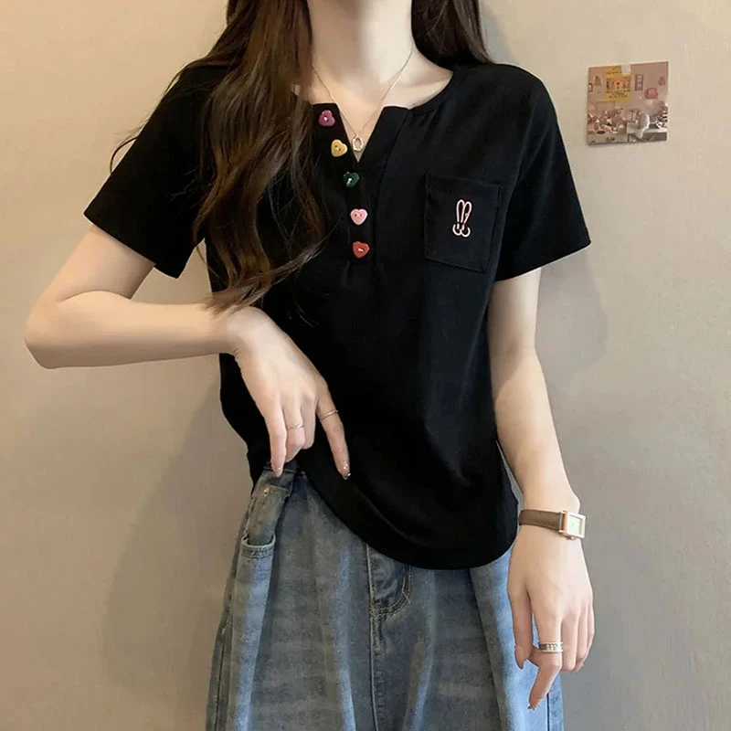 设计感v领正肩短袖t恤女夏装2025新款宽松韩版大码显瘦遮肚子上衣