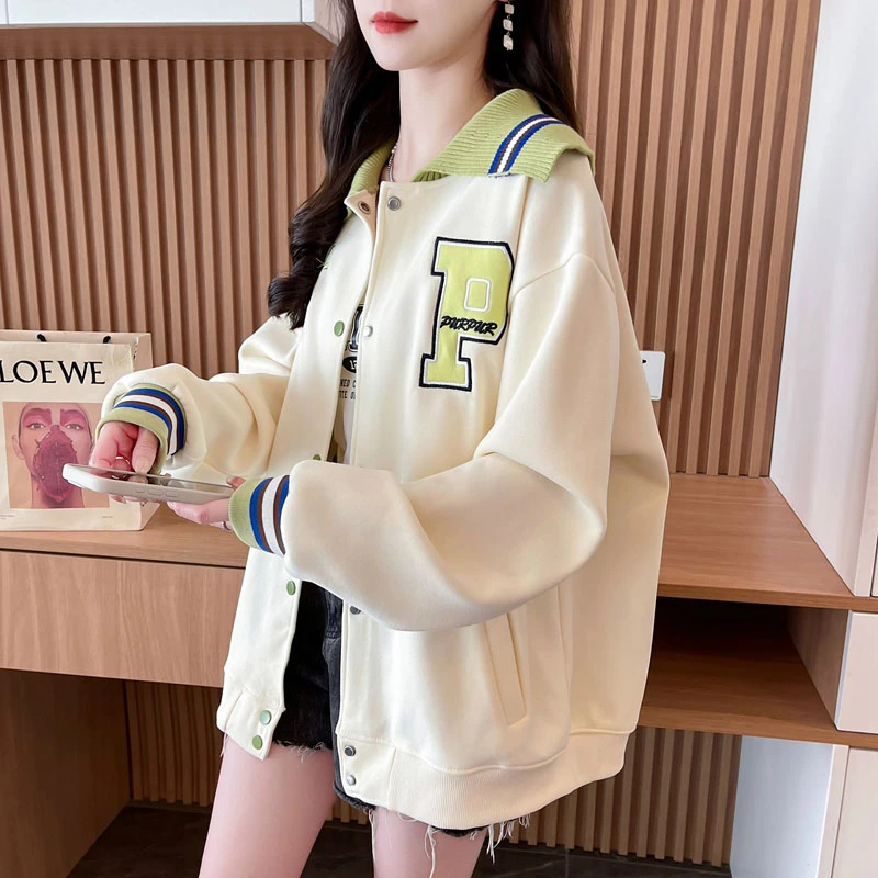 加绒加厚拼色棒球服外套女2025新款秋冬季韩版宽松设计感开衫卫衣