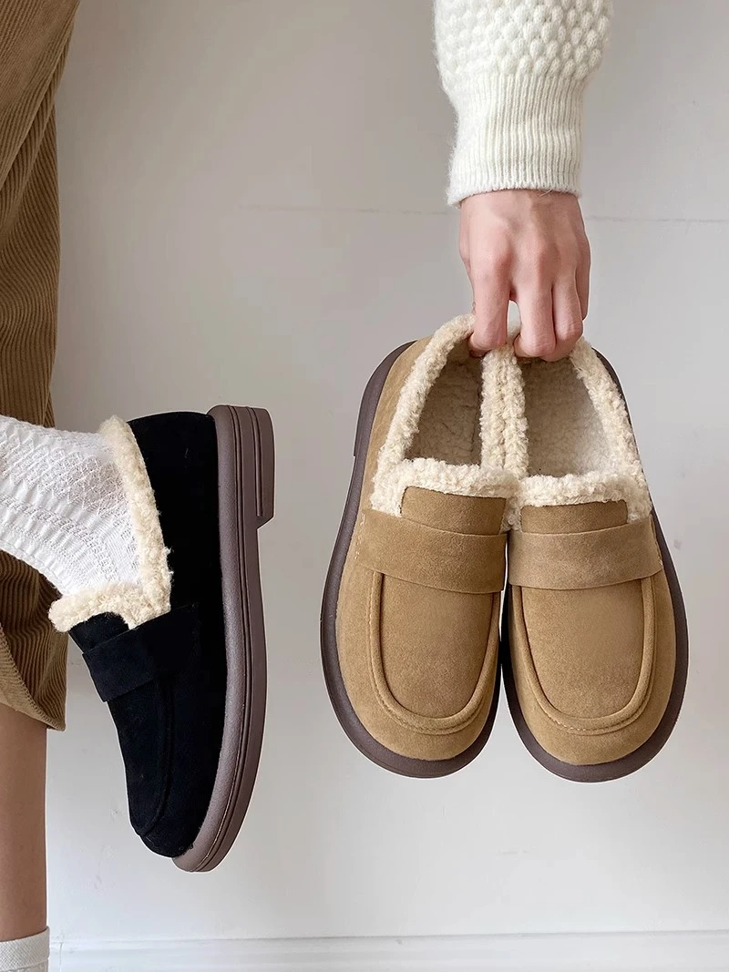 回力瑞复古百搭学生棉鞋女冬2023新款百搭外穿加绒保暖乐福豆豆鞋