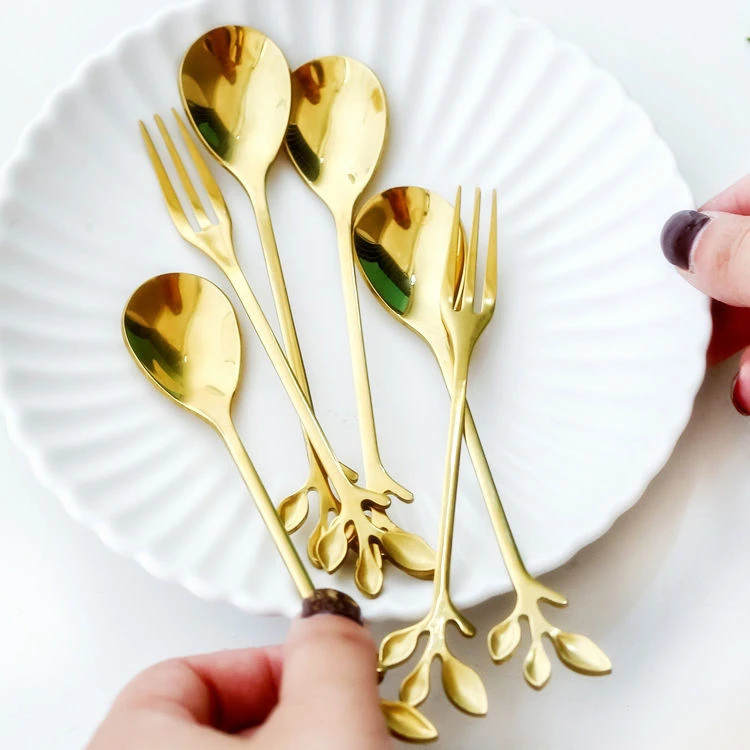 创意果叉可爱金色奢华餐具网红咖啡勺北欧树叶叉勺甜品冰激凌水果