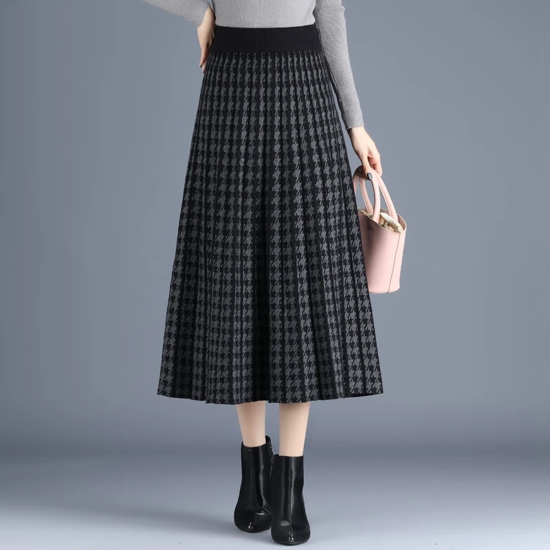 毛线裙半身裙女A字裙千鸟格秋冬加厚新款高腰中长款大摆裙休闲裙
