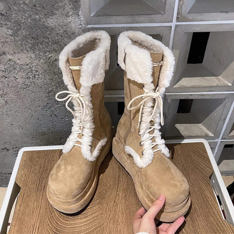 网红雪地靴女2024冬季新款复古厚底加绒骑士靴保暖中筒马丁绑带靴