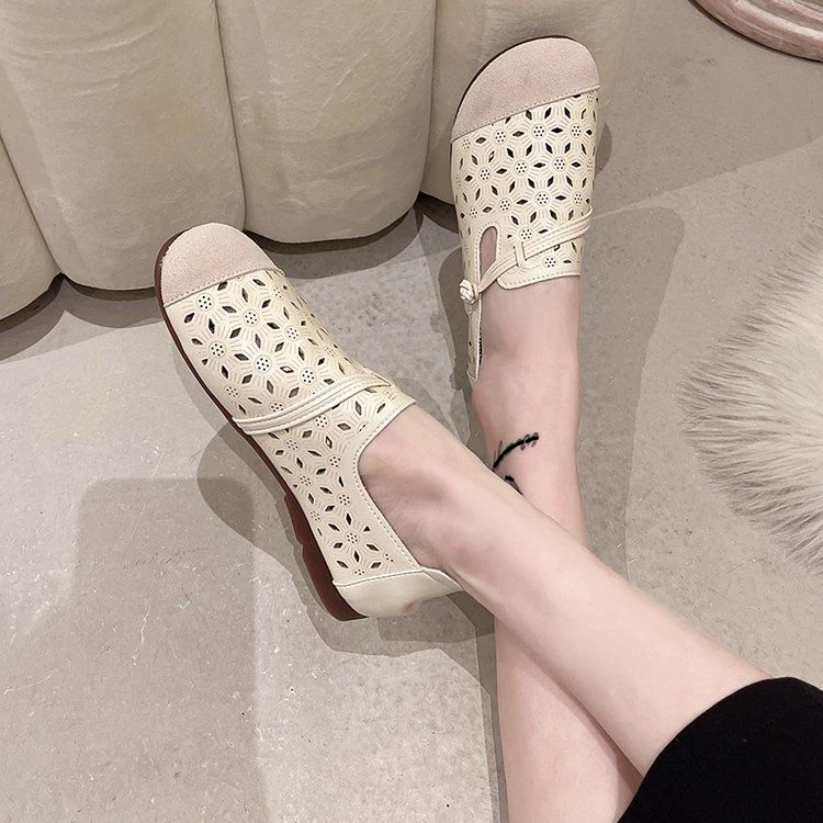090软皮女鞋新款夏季妈妈鞋一脚蹬镂空透气小单鞋