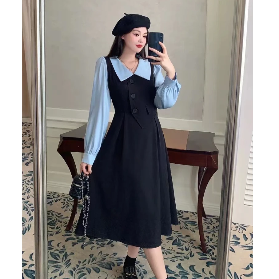 大码法式假两件娃娃领裙子秋冬新款女高端打底拼接衬衫连衣裙