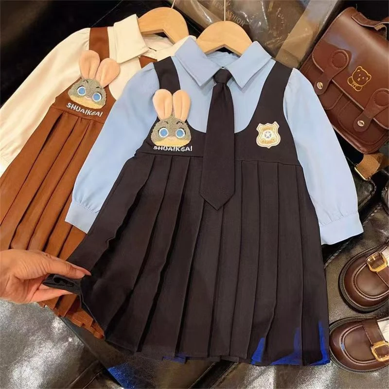 6625秋季新款韩版女学院风长袖百褶裙儿童卡通小兔子连衣裙