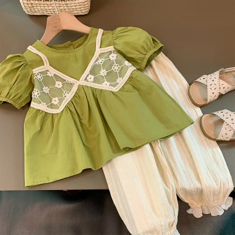 女童夏装短袖套装2025新款洋气时髦娃娃衫上衣长裤两件套77130