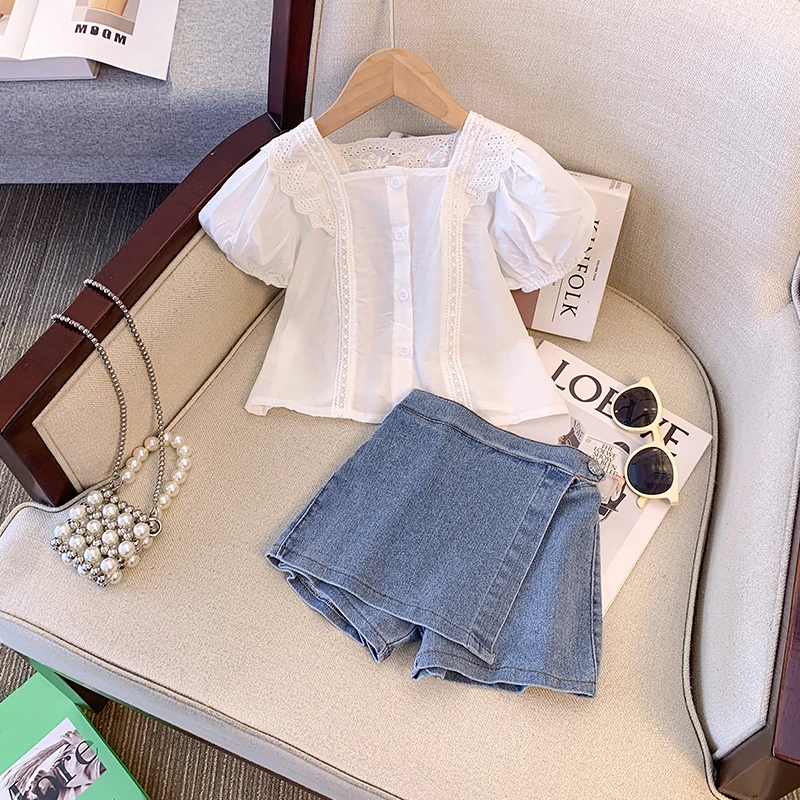女童夏季两件套装韩版时尚阔腿短裤蕾丝花边衬衫儿童牛仔套装6512