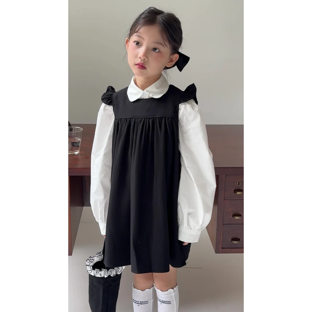 77328秋款女童学院风套装衬衫飞袖连衣裙套装女宝jk背心裙两件套