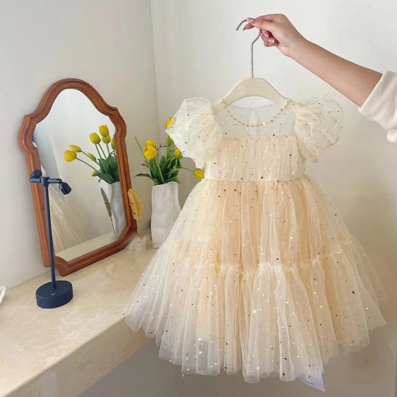 韩系公主裙女童高端礼服夏季连衣裙女宝宝泡泡袖网纱亮片裙子6Y40
