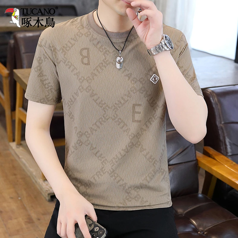 啄木鸟冰丝提花烫金短袖T恤男2024夏季新款男士圆领半袖打底衫薄