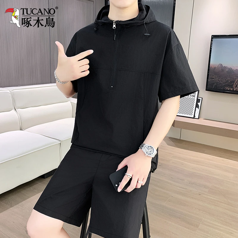 TUCANO/啄木鳥夏季新款男士短袖短裤防晒服套装休闲百搭连帽上衣