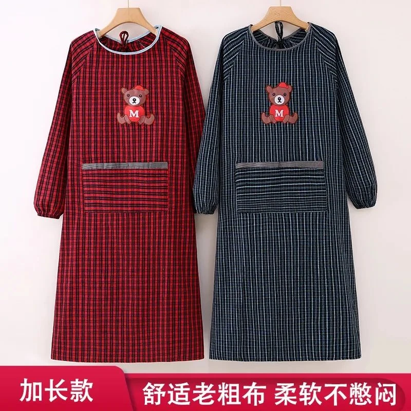 纯棉老粗布长袖围裙干活穿厨房家用韩版时尚男衣女外穿防水防油罩