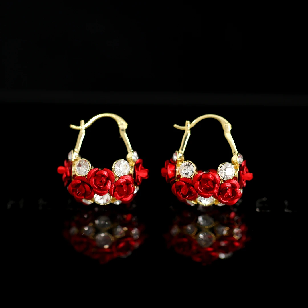 铜合金耳饰 红色国风玫瑰花朵满镶耳扣耳环时尚轻奢气质百搭饰品