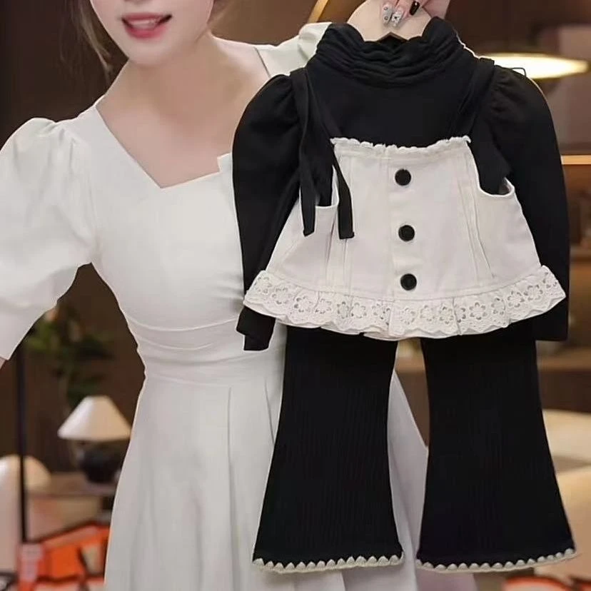 女童2024春秋套装中小童洋气时髦宝宝吊带打底衫气质喇叭裤三件套