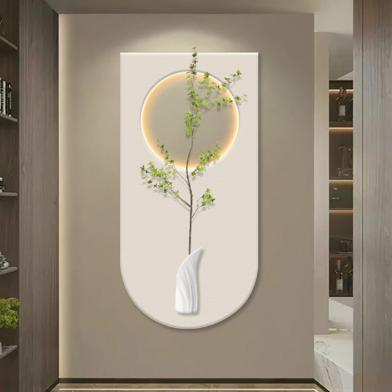奶油风立体砂岩画绿植玄关装饰画走廊过道挂画现代简约客厅壁灯画