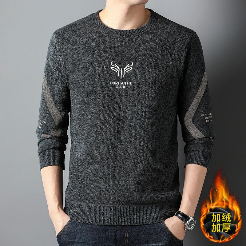 时尚休闲百搭潮男式男士加厚加绒宽松冬季保暖长袖圆领毛衣-3003