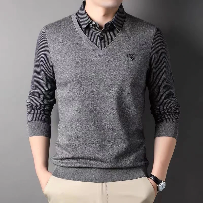 男士毛衣2023秋冬假两件加绒加厚开衫商务休闲针织衫男衬衫-L03