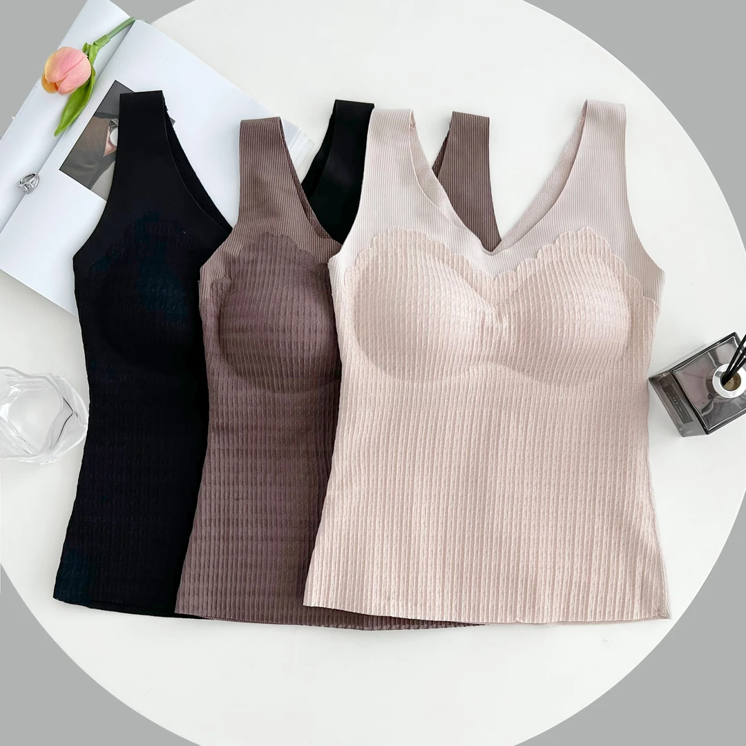 全蕾丝宽肩带羊羔绒保暖背心 h139