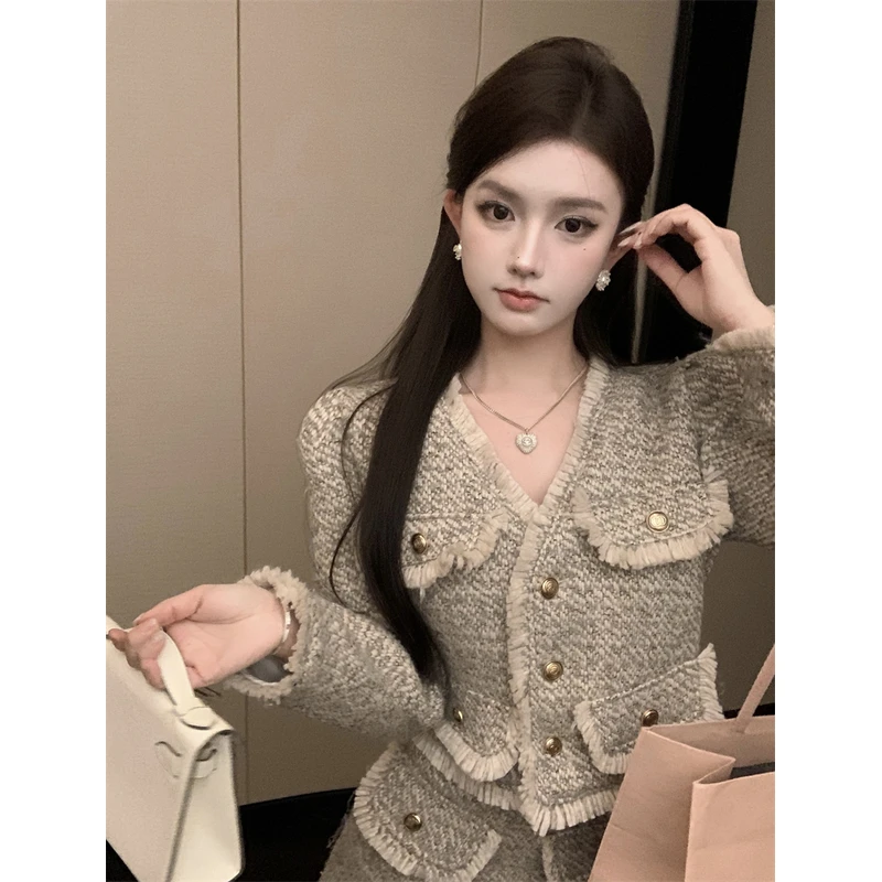 秋冬新款法式气质复古粗花呢流苏小香风套装高级感时尚两件套女秋