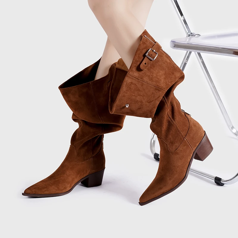 158-1后拉链尖头大筒围高跟堆堆靴复古西部牛仔靴粗跟长筒靴女