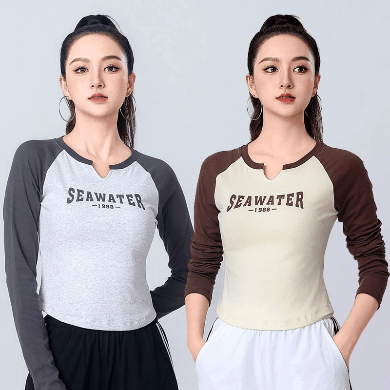 广场舞跳舞上衣跳舞衣服女休闲运动舞服v领舞蹈服春秋t恤衫晨跑服