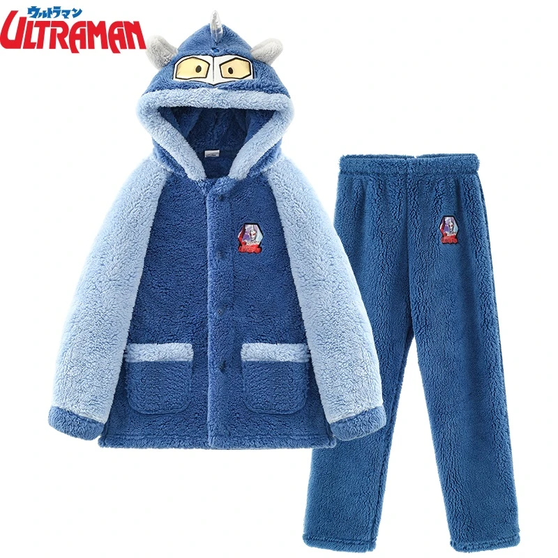 【正品】奥特曼儿童珊瑚绒睡衣冬季连帽家居服睡衣套装加绒