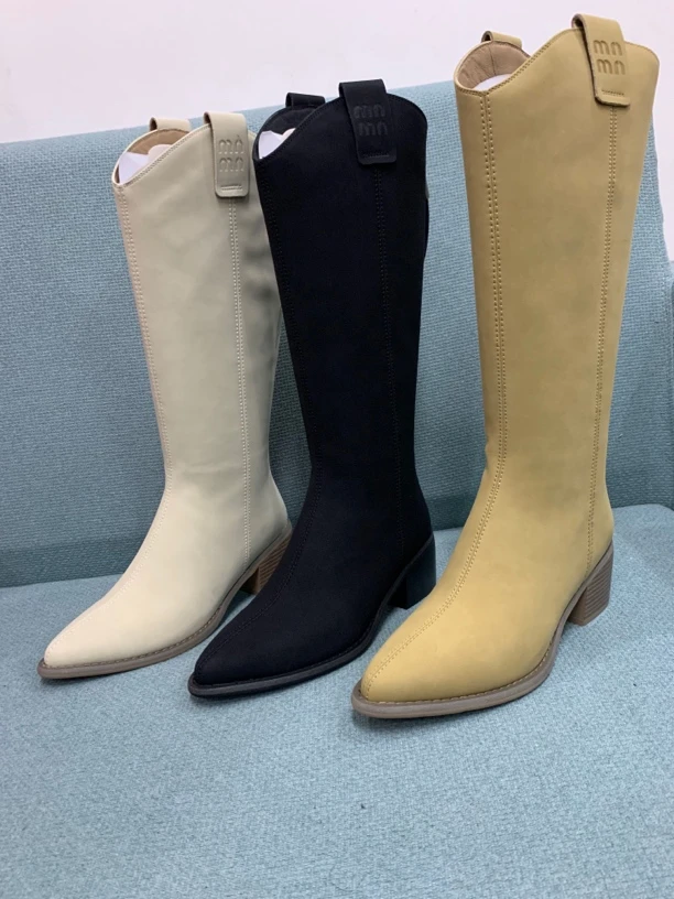 全牛皮中靴骑士靴尖头粗跟后拉链复古风长靴高筒筒靴女靴方跟