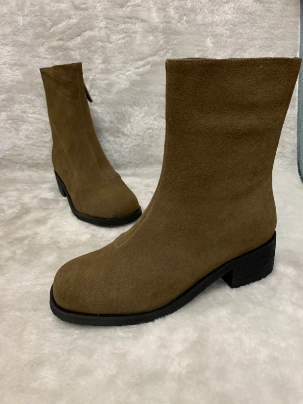 牛反绒皮2024秋高级牛皮方头及踝简约卡其色单里短靴复古牛仔风