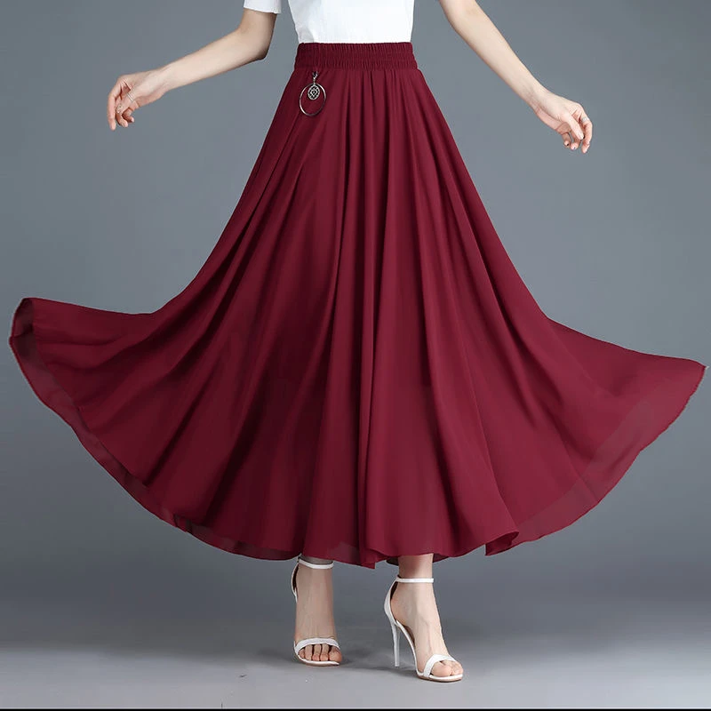 2025春夏新款雪纺显瘦收腹遮肉半身裙女高腰垂感纯色百褶大摆裙